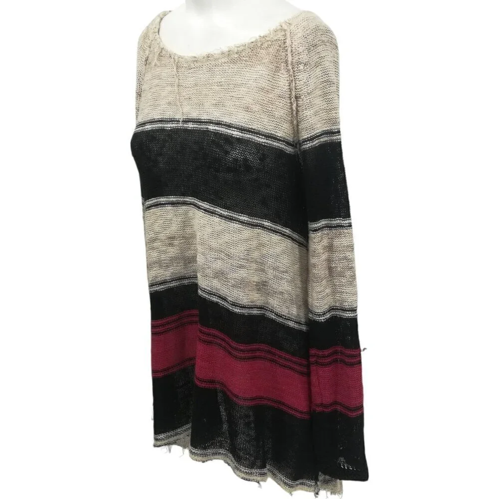 Free People Open Knit Tunic Hi Low Sweater Size S Striped Boho Bohemian Beige